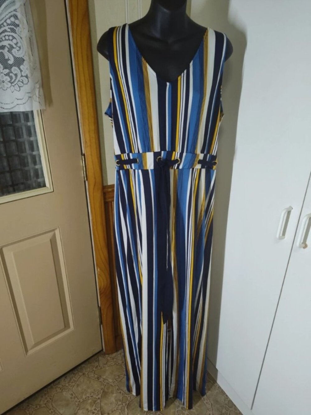Wrapper Striped Wide Leg Jumpsuit V-neckline Tie Waist Size XL